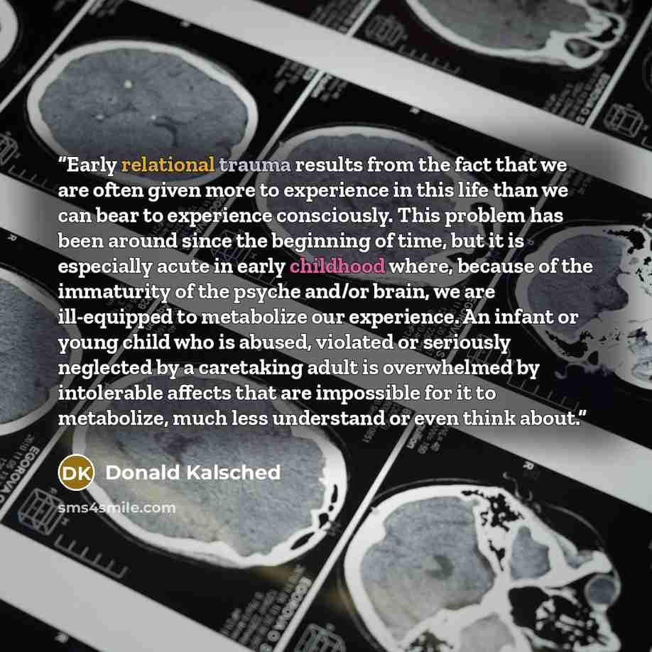 “Early relational trauma results from the fact that we are often given more to experience in this life than we can bear to experience consciously. This problem has been around since the beginning of time, but it is especially acute in early childhood where, because of the immaturity of the psyche…” quote by Donald Kalsched