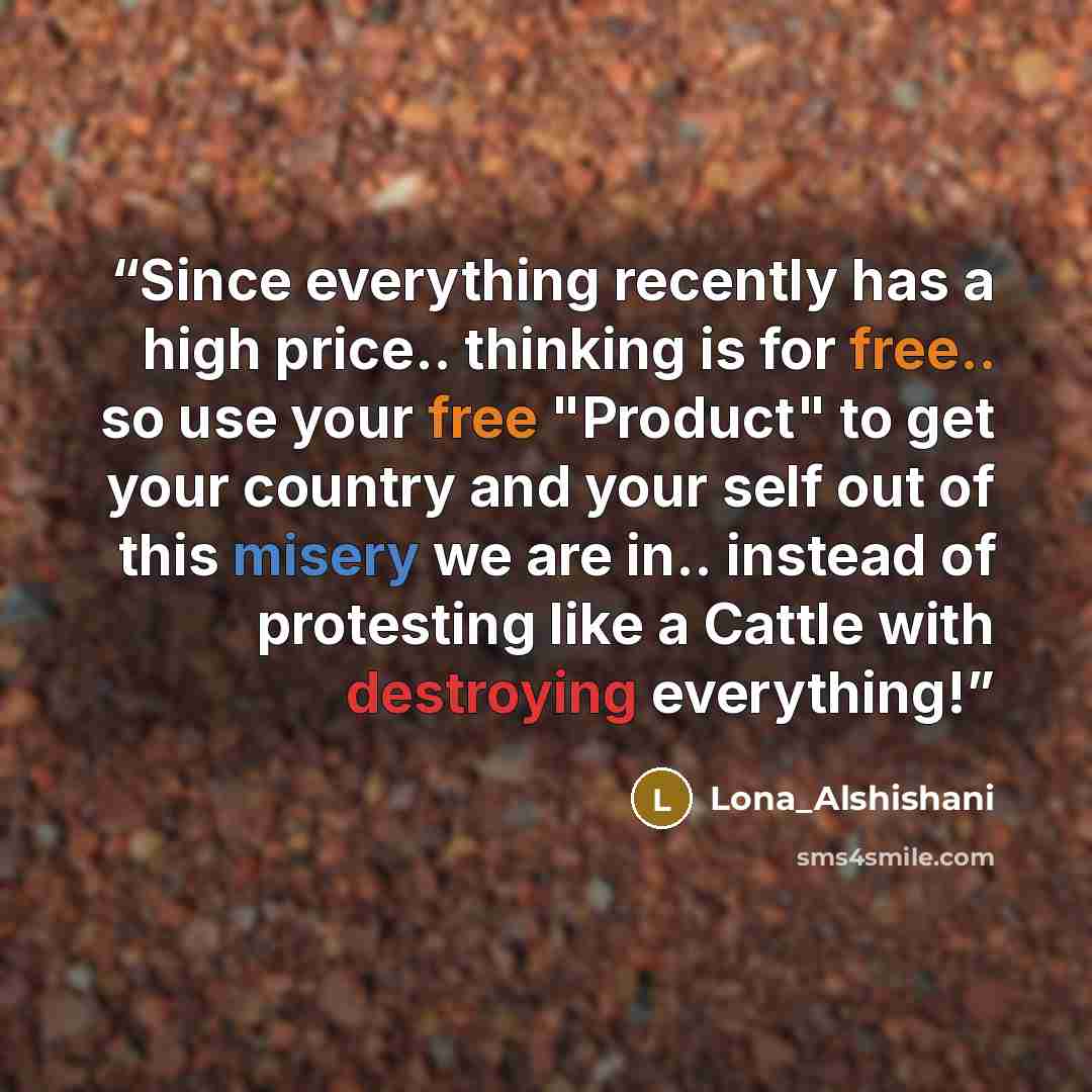 “Since everything recently has a high price.. thinking is for free.. so use your free "Product" to get your country and your self out of this misery we are in.. instead of protesting like a Cattle with destroying everything!” quote by Lona_Alshishani