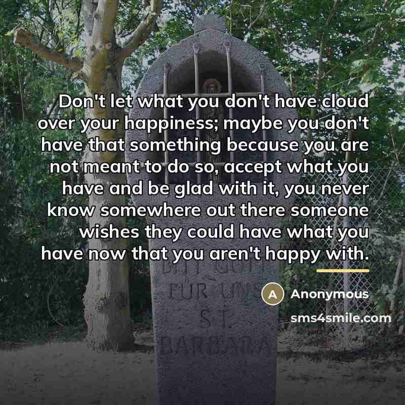 “Don't let what you don't have cloud over your happiness;…” quote by Anonymous