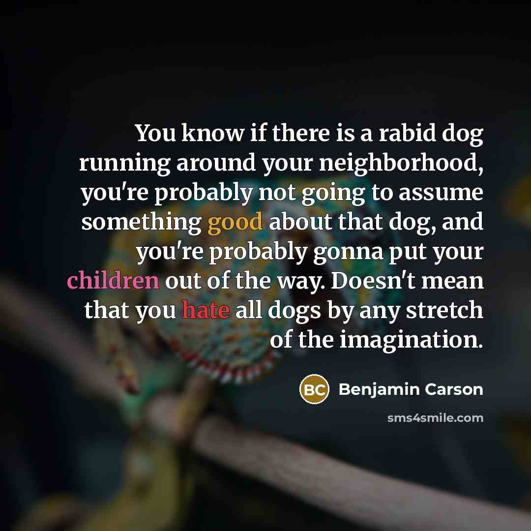 “You know if there is a rabid dog running around your neighborhood, you're probably not going to assume something good about that dog, and you're probably gonna put your children out of the way. Doesn't mean that you hate all dogs by any stretch of the imagination.” quote by Benjamin Carson