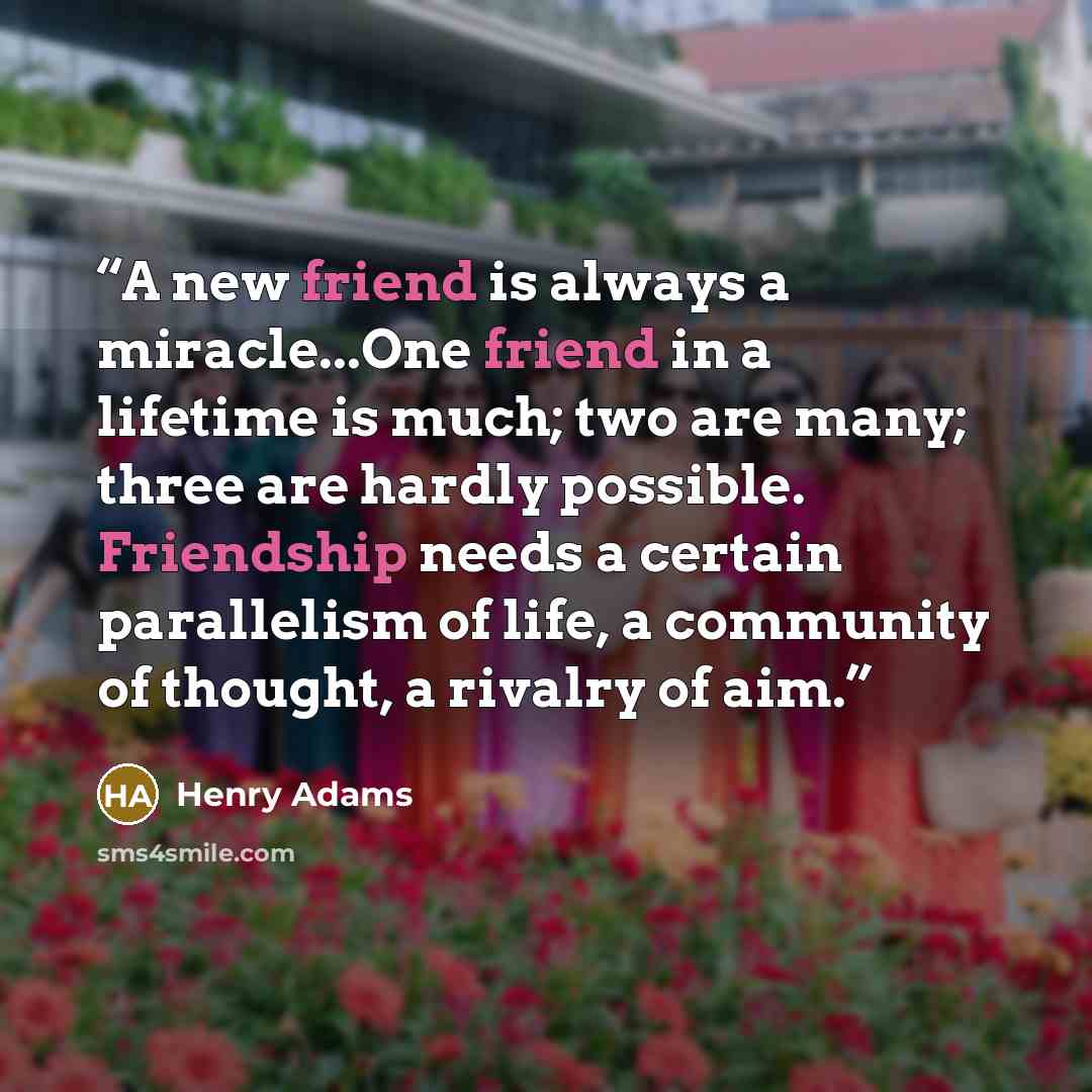 “A new friend is always a miracle...One friend in a lifetime is much; two are many; three are hardly possible. Friendship needs a certain parallelism of life, a community of thought, a rivalry of aim.” quote by Henry Adams