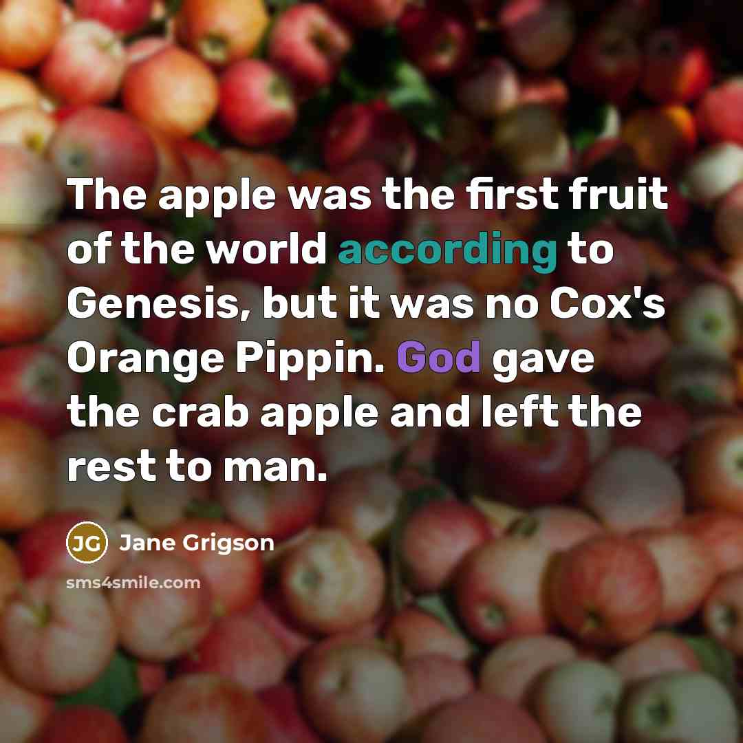 “The apple was the first fruit of the world according to Genesis, but it was no Cox's Orange Pippin. God gave the crab apple and left the rest to man.” quote by Jane Grigson