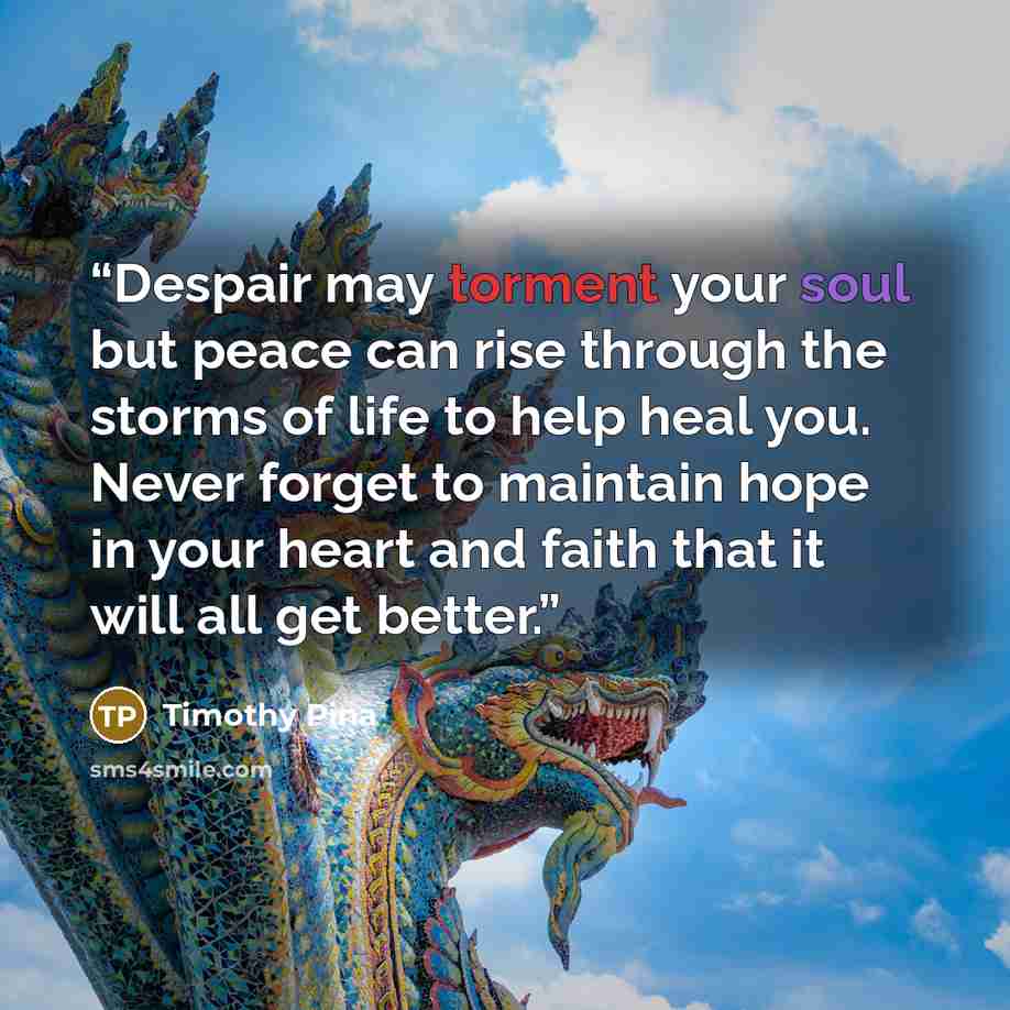 “Despair may torment your soul but peace can rise through the storms of life to help heal you. Never forget to maintain hope in your heart and faith that it will all get better.” quote by Timothy Pina