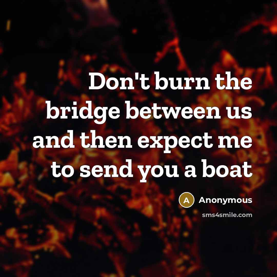 “Don't burn the bridge between us and then expect me to send you a boat” quote by Anonymous