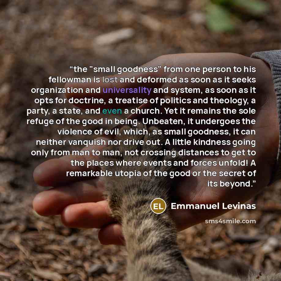“the "small goodness" from one person to his fellowman is lost and deformed as soon as it seeks organization and universality and system, as soon as it opts for doctrine, a treatise of politics and theology, a party, a state, and even a church. Yet it remains the sole refuge of the good in being…” quote by Emmanuel Levinas
