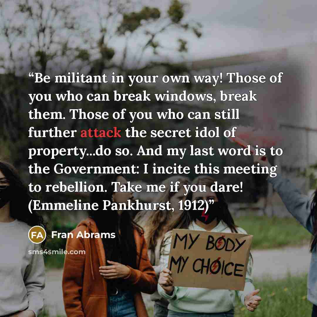 “Be militant in your own way! Those of you who can break windows, break them. Those of you who can still further attack the secret idol of property...do so. And my last word is to the Government: I incite this meeting to rebellion. Take me if you dare! (Emmeline Pankhurst, 1912)” quote by Fran Abrams