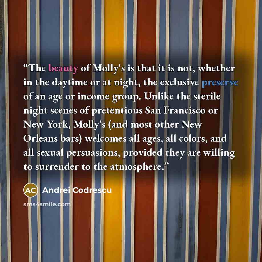 “The beauty of Molly's is that it is not, whether in the daytime or at night, the exclusive preserve of an age or income group. Unlike the sterile night scenes of pretentious San Francisco or New York, Molly's (and most other New Orleans bars) welcomes all ages, all colors, and all sexual…” quote by Andrei Codrescu