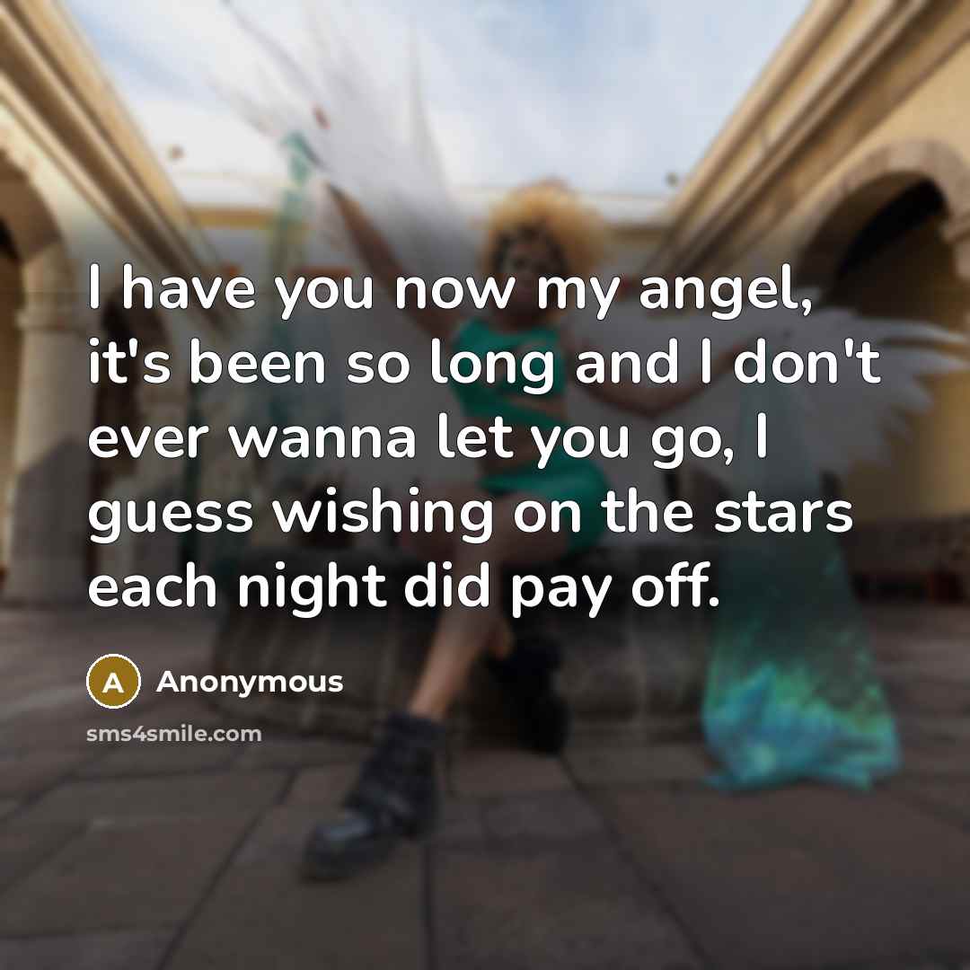 “I have you now my angel, it's been so long and I don't ever wanna let you go, I guess wishing on the stars each night did pay off.” quote by Anonymous