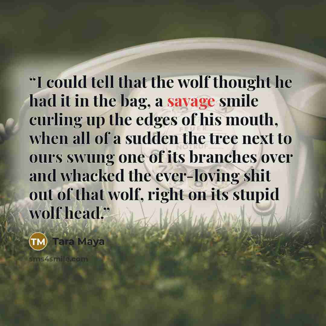 “I could tell that the wolf thought he had it in the bag, a savage smile curling up the edges of his mouth, when all of a sudden the tree next to ours swung one of its branches over and whacked the ever-loving shit out of that wolf, right on its stupid wolf head.” quote by Tara Maya