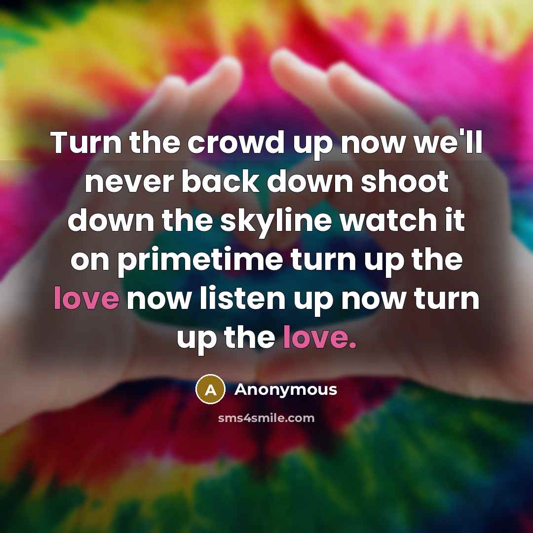 “Turn the crowd up now we'll never back down shoot down the skyline watch it on primetime turn up the love now listen up now turn up the love.” quote by Anonymous
