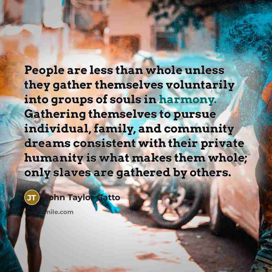 “People are less than whole unless they gather themselves voluntarily…” quote by John Taylor Gatto