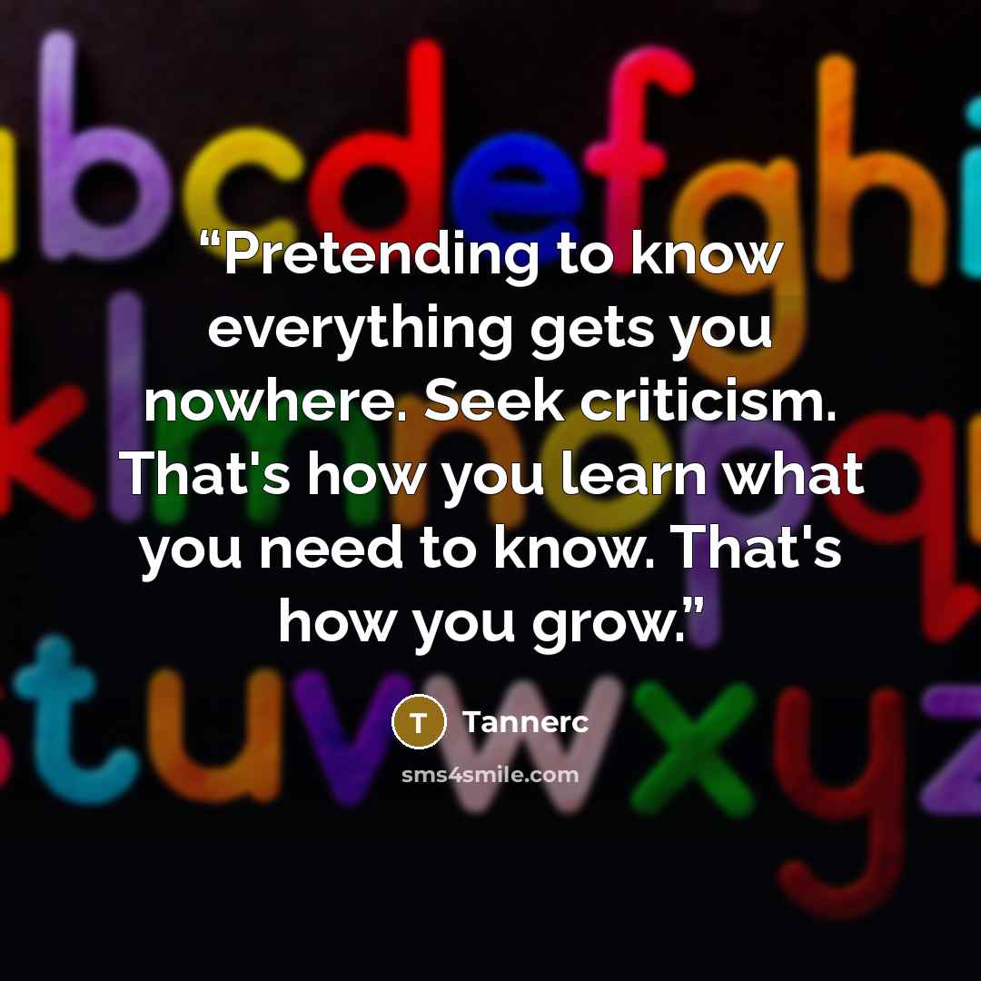 “Pretending to know everything gets you nowhere. Seek criticism. That's how you learn what you need to know. That's how you grow.” quote by Tannerc