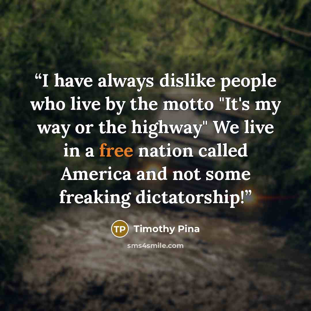 “I have always dislike people who live by the motto "It's my way or the highway" We live in a free nation called America and not some freaking dictatorship!” quote by Timothy Pina