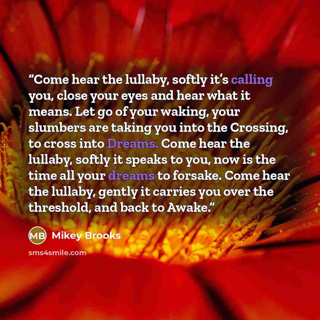“Come hear the lullaby, softly it’s calling you, close your eyes and hear what it means. Let go of your waking, your slumbers are taking you into the Crossing, to cross into Dreams. Come hear the lullaby, softly it speaks to you, now is the time all your dreams to forsake. Come hear the lullaby…” quote by Mikey Brooks