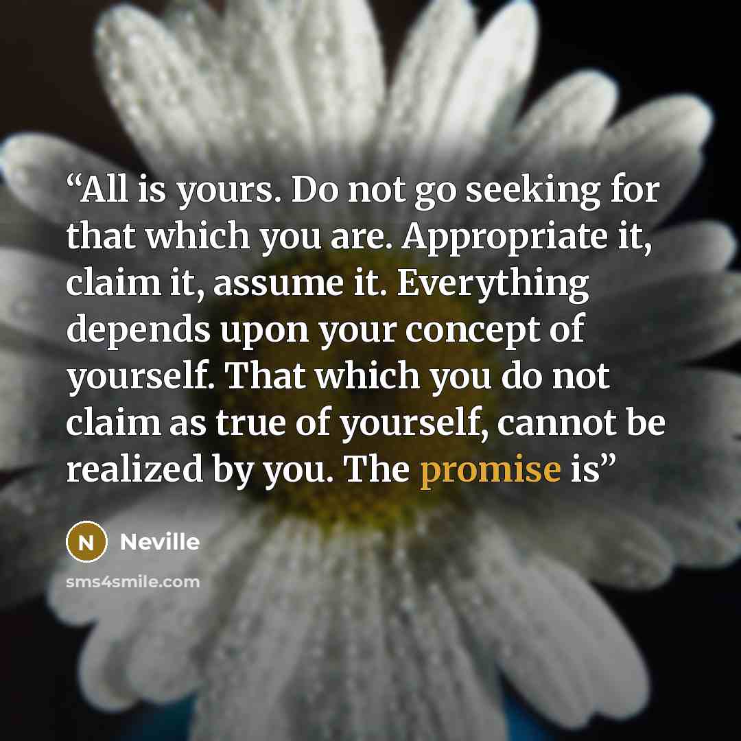 “All is yours. Do not go seeking for that which you are. Appropriate it, claim it, assume it. Everything depends upon your concept of yourself. That which you do not claim as true of yourself, cannot be realized by you. The promise is” quote by Neville