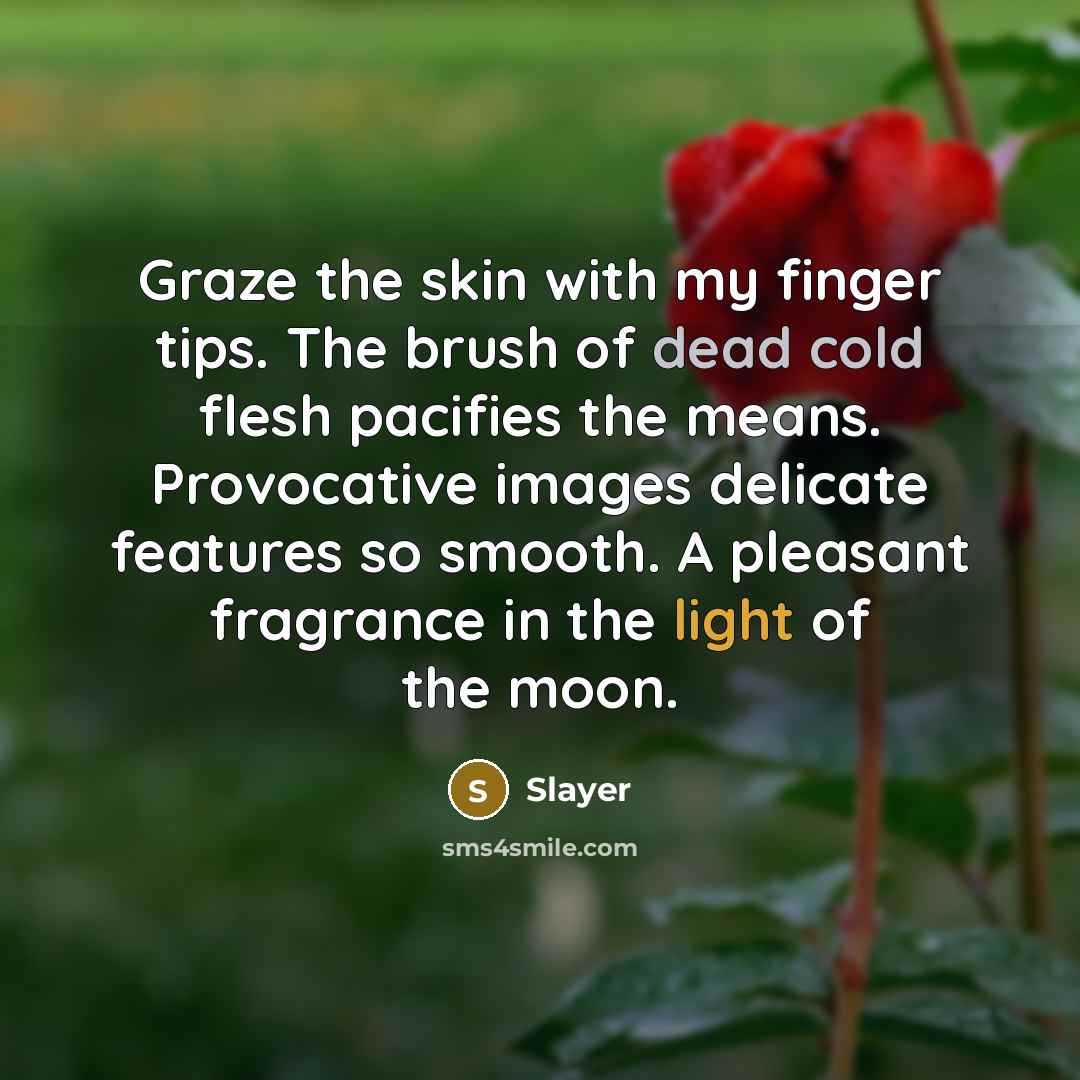 “Graze the skin with my finger tips. The brush of dead cold flesh pacifies the means. Provocative images delicate features so smooth. A pleasant fragrance in the light of the moon.” quote by Slayer