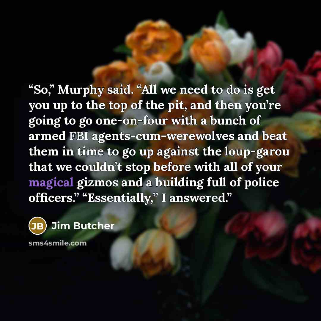“So,” Murphy said. “All we need to do is get you up to the top of the pit, and then you’re going to go one-on-four with a bunch of armed FBI agents-cum-werewolves and beat them in time to go up against the loup-garou that we couldn’t stop before with all of your magical gizmos and a building full…” quote by Jim Butcher