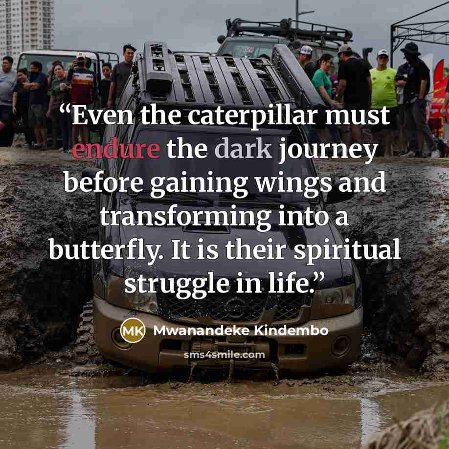 “Even the caterpillar must endure the dark journey before gaining wings and transforming into a butterfly. It is their spiritual struggle in life.” quote by Mwanandeke Kindembo