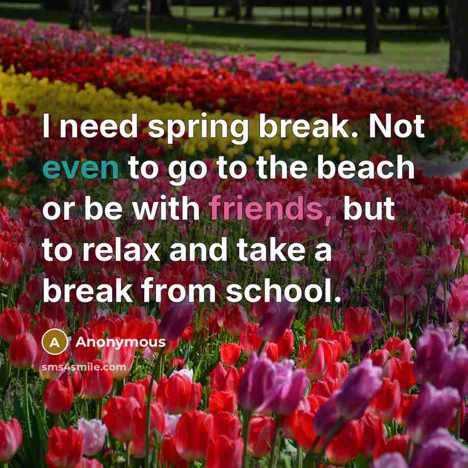 “I need spring break. Not even to go to the beach or be with friends, but to relax and take a break from school.” quote by Anonymous
