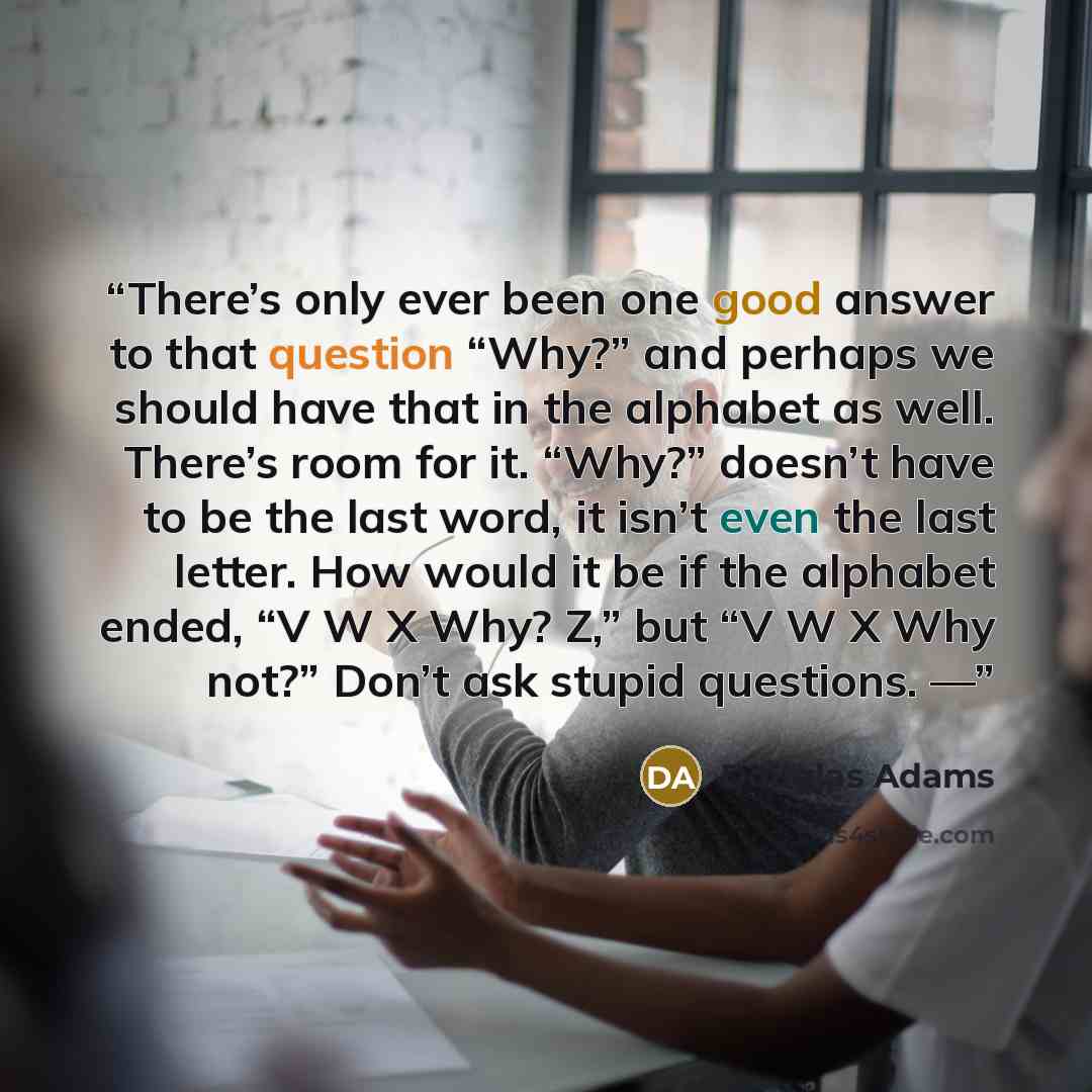 “There’s only ever been one good answer to that question “Why?” and perhaps we should have that in the alphabet as well. There’s room for it. “Why?” doesn’t have to be the last word, it isn’t even the last letter. How would it be if the alphabet ended, “V W X Why? Z,” but “V W X Why not?” Don’t ask…” quote by Douglas Adams