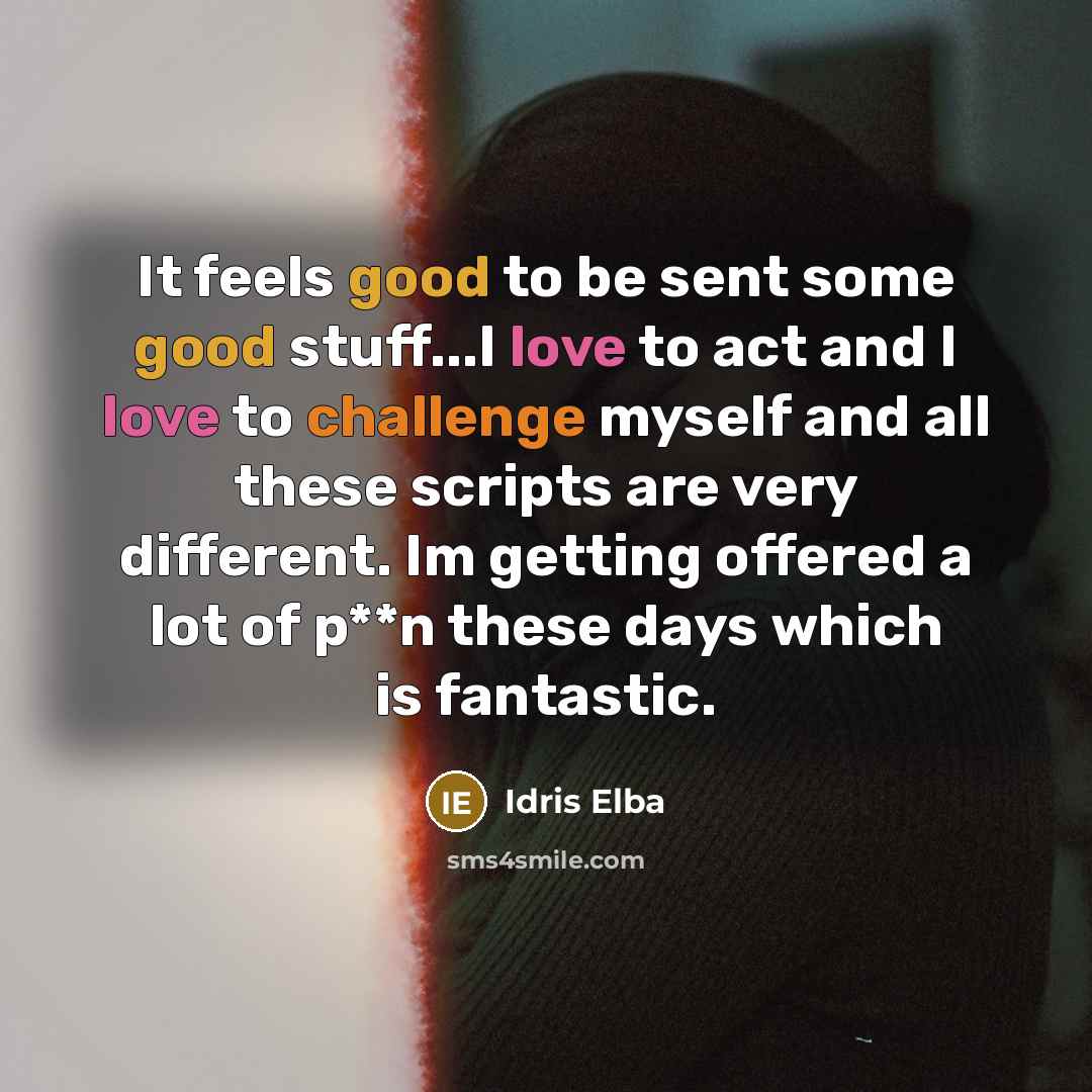 “It feels good to be sent some good stuff...I love to act and I love to challenge myself and all these scripts are very different. Im getting offered a lot of p**n these days which is fantastic.” quote by Idris Elba