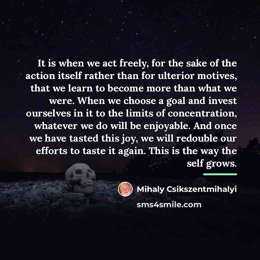 “It is when we act freely, for the sake of…” quote by Mihaly Csikszentmihalyi