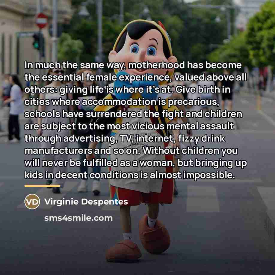 “In much the same way, motherhood has become the essential…” quote by Virginie Despentes