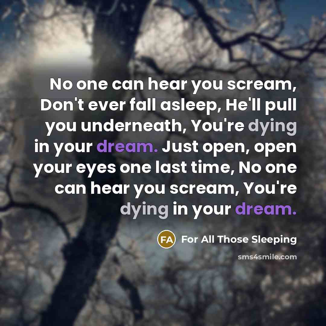 “No one can hear you scream, Don't ever fall asleep,…” quote by For All Those Sleeping