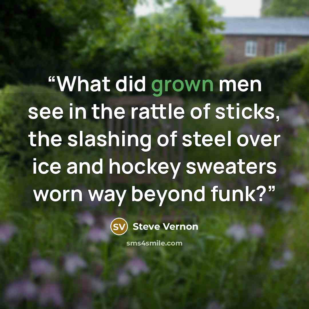 “What did grown men see in the rattle of sticks, the slashing of steel over ice and hockey sweaters worn way beyond funk?” quote by Steve Vernon