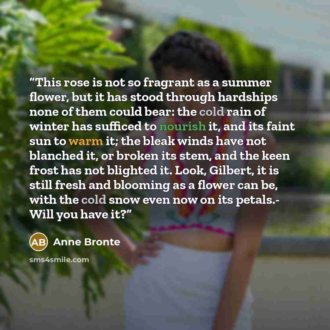 “This rose is not so fragrant as a summer flower, but it has stood through hardships none of them could bear: the cold rain of winter has sufficed to nourish it, and its faint sun to warm it; the bleak winds have not blanched it, or broken its stem, and the keen frost has not blighted it. Look…” quote by Anne Brontë