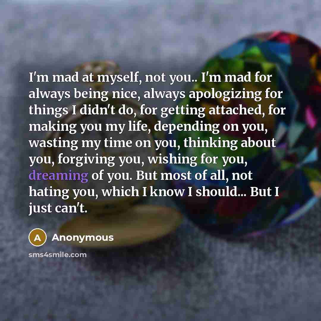 “I'm mad at myself, not you.. I'm mad for always being nice, always apologizing for things I didn't do, for getting attached, for making you my life, depending on you, wasting my time on you, thinking about you, forgiving you, wishing for you, dreaming of you. But most of all, not hating you, which…” quote by Anonymous