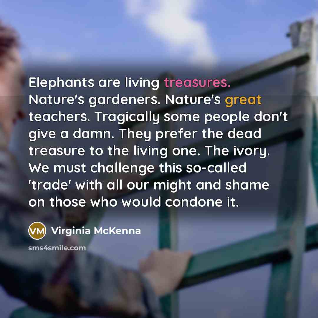 “Elephants are living treasures. Nature's gardeners. Nature's great teachers. Tragically some people don't give a damn. They prefer the dead treasure to the living one. The ivory. We must challenge this so-called 'trade' with all our might and shame on those who would condone it.” quote by Virginia McKenna