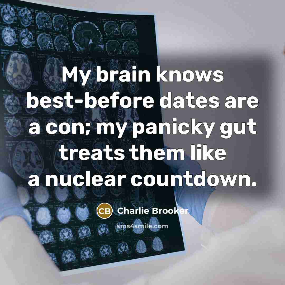 “My brain knows best-before dates are a con; my panicky…” quote by Charlie Brooker