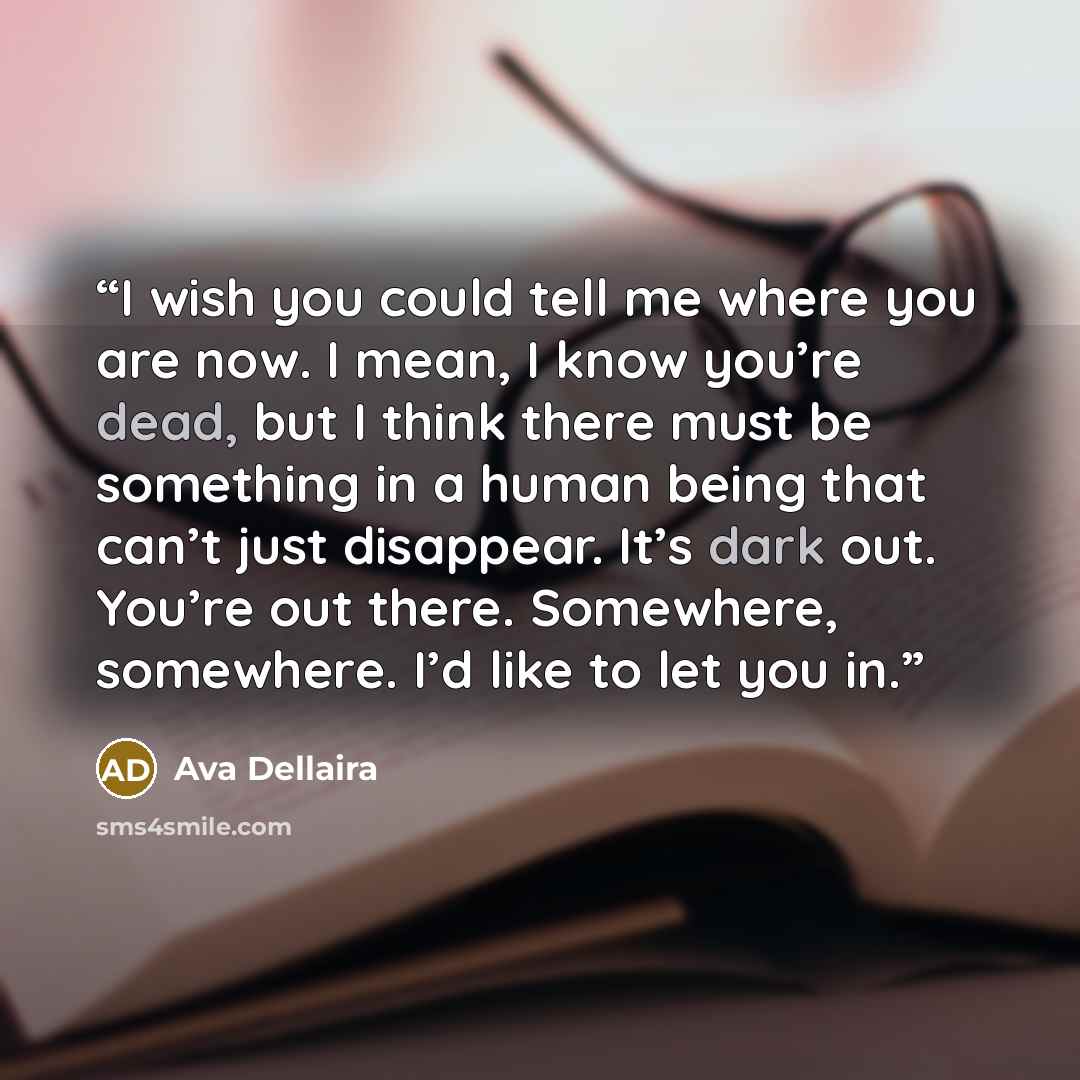 “I wish you could tell me where you are now. I mean, I know you’re dead, but I think there must be something in a human being that can’t just disappear. It’s dark out. You’re out there. Somewhere, somewhere. I’d like to let you in.” quote by Ava Dellaira