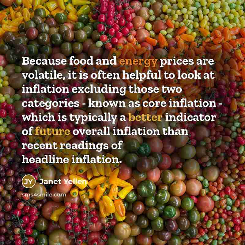 “Because food and energy prices are volatile, it is often helpful to look at inflation excluding those two categories - known as core inflation - which is typically a better indicator of future overall inflation than recent readings of headline inflation.” quote by Janet Yellen