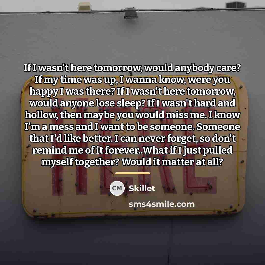 “If I wasn't here tomorrow, would anybody care? If my…” quote by Skillet