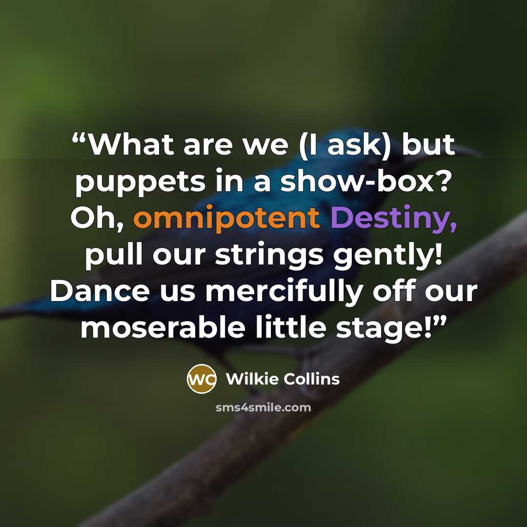 “What are we (I ask) but puppets in a show-box? Oh, omnipotent Destiny, pull our strings gently! Dance us mercifully off our moserable little stage!” quote by Wilkie Collins