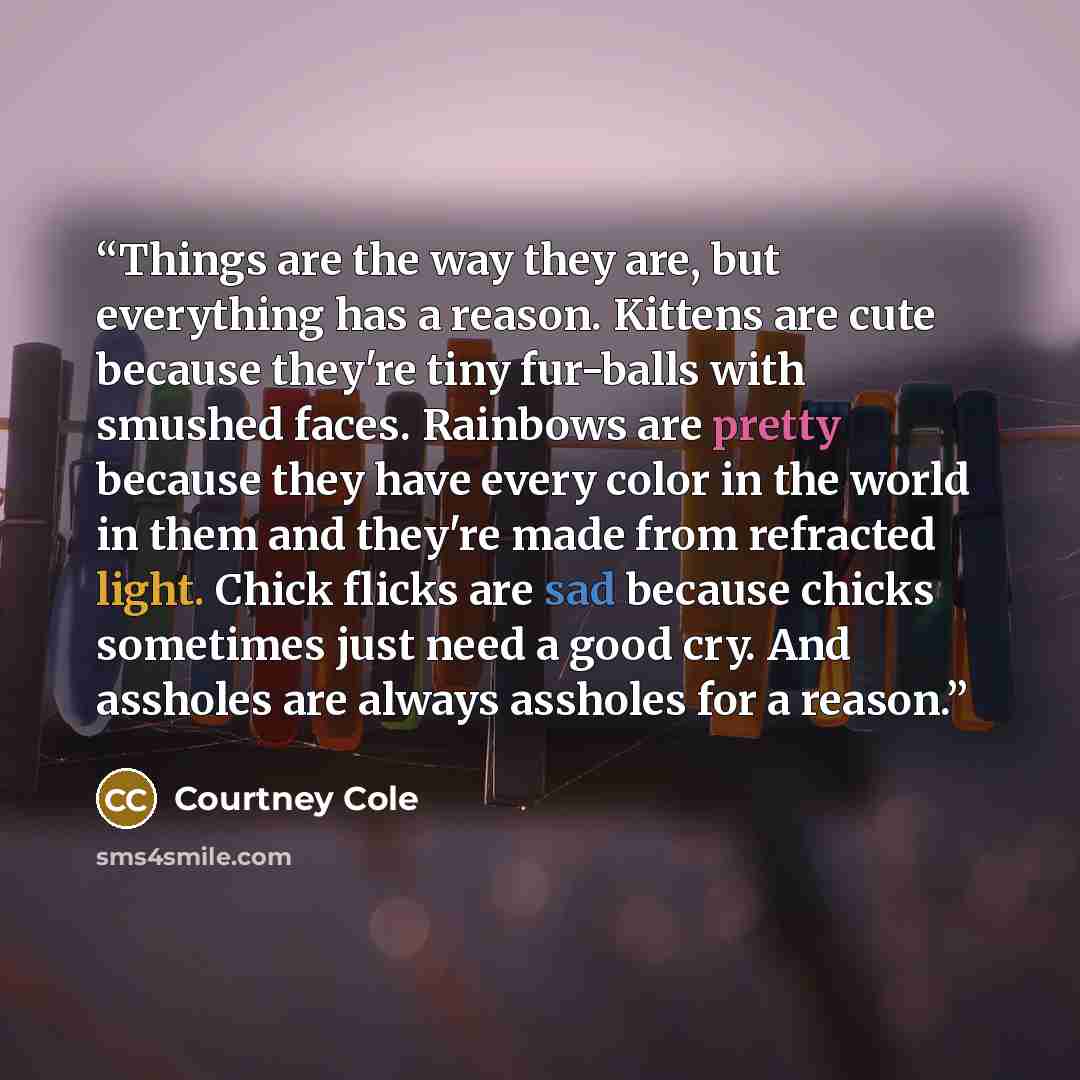 “Things are the way they are, but everything has a reason. Kittens are cute because they're tiny fur-balls with smushed faces. Rainbows are pretty because they have every color in the world in them and they're made from refracted light. Chick flicks are sad because chicks sometimes just need a good…” quote by Courtney Cole