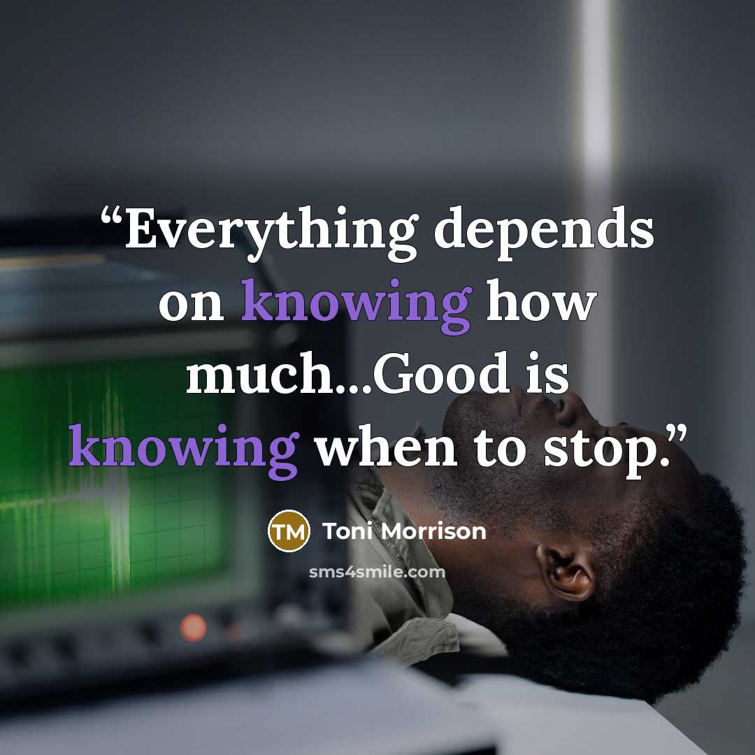 “Everything depends on knowing how much...Good is knowing when to stop.” quote by Toni Morrison