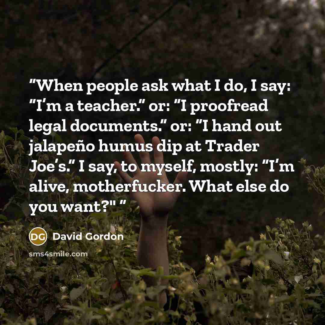 “When people ask what I do, I say: “I’m a teacher.” or: “I proofread legal documents.” or: “I hand out jalapeño humus dip at Trader Joe’s.” I say, to myself, mostly: “I’m alive, motherfucker. What else do you want?"” quote by David Gordon