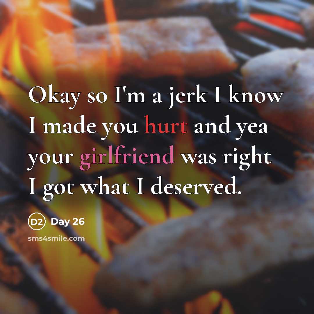 “Okay so I'm a jerk I know I made you hurt and yea your girlfriend was right I got what I deserved.” quote by Day 26
