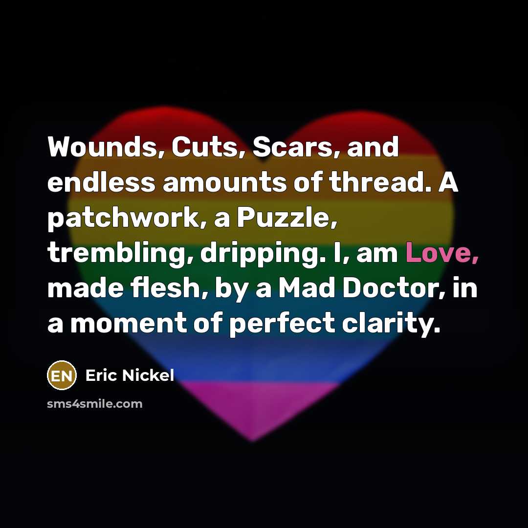 “Wounds, Cuts, Scars, and endless amounts of thread. A patchwork,…” quote by Eric Nickel