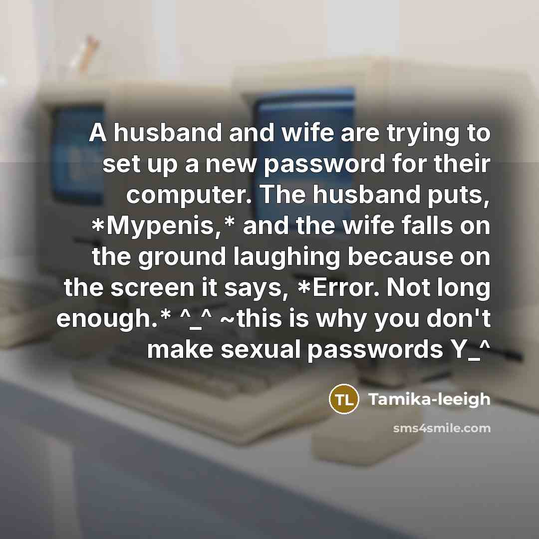 “A husband and wife are trying to set up a new password for their computer. The husband puts, *Mypenis,* and the wife falls on the ground laughing because on the screen it says, *Error. Not long enough.* ^_^ ~this is why you don't make sexual passwords Y_^” quote by Tamika-leeigh
