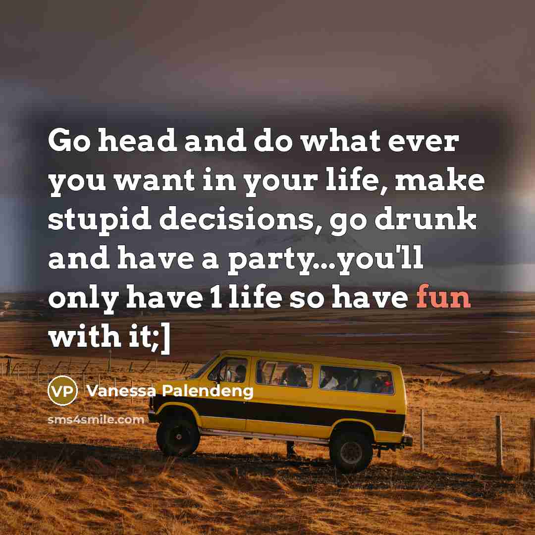 “Go head and do what ever you want in your life, make stupid decisions, go drunk and have a party...you'll only have 1 life so have fun with it;]” quote by Vanessa Palendeng