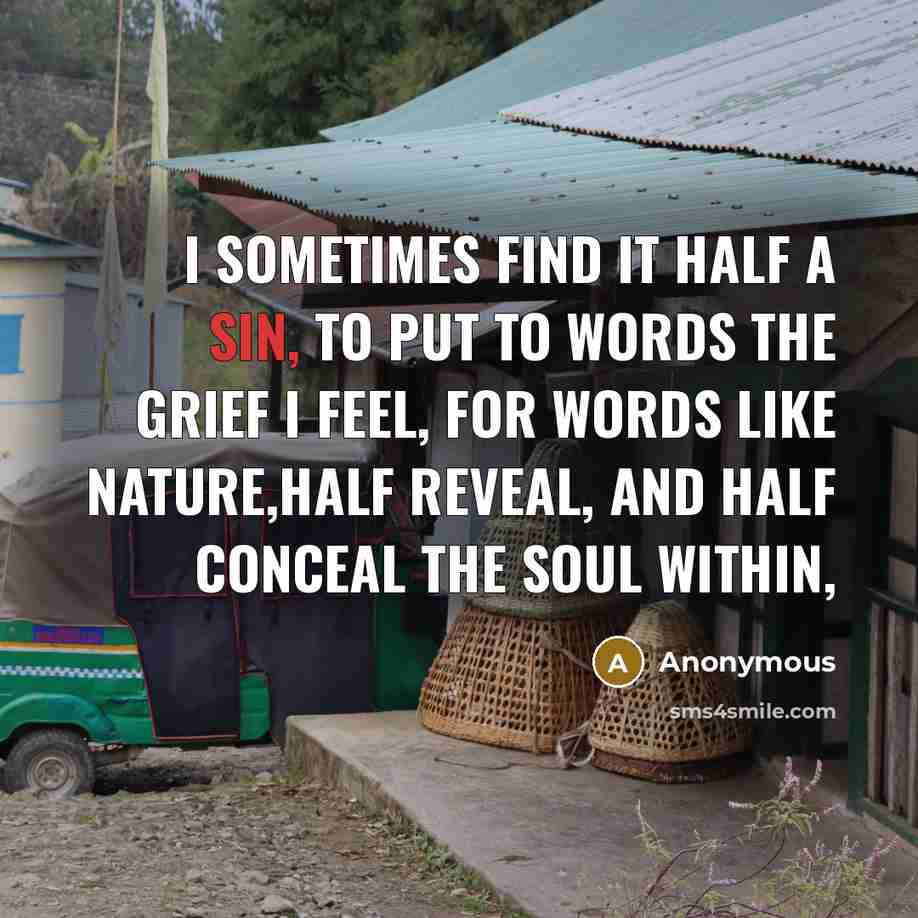 “I sometimes find it half a sin, To put to words the grief i feel, For words like nature,half reveal, and half conceal the soul within,” quote by Anonymous