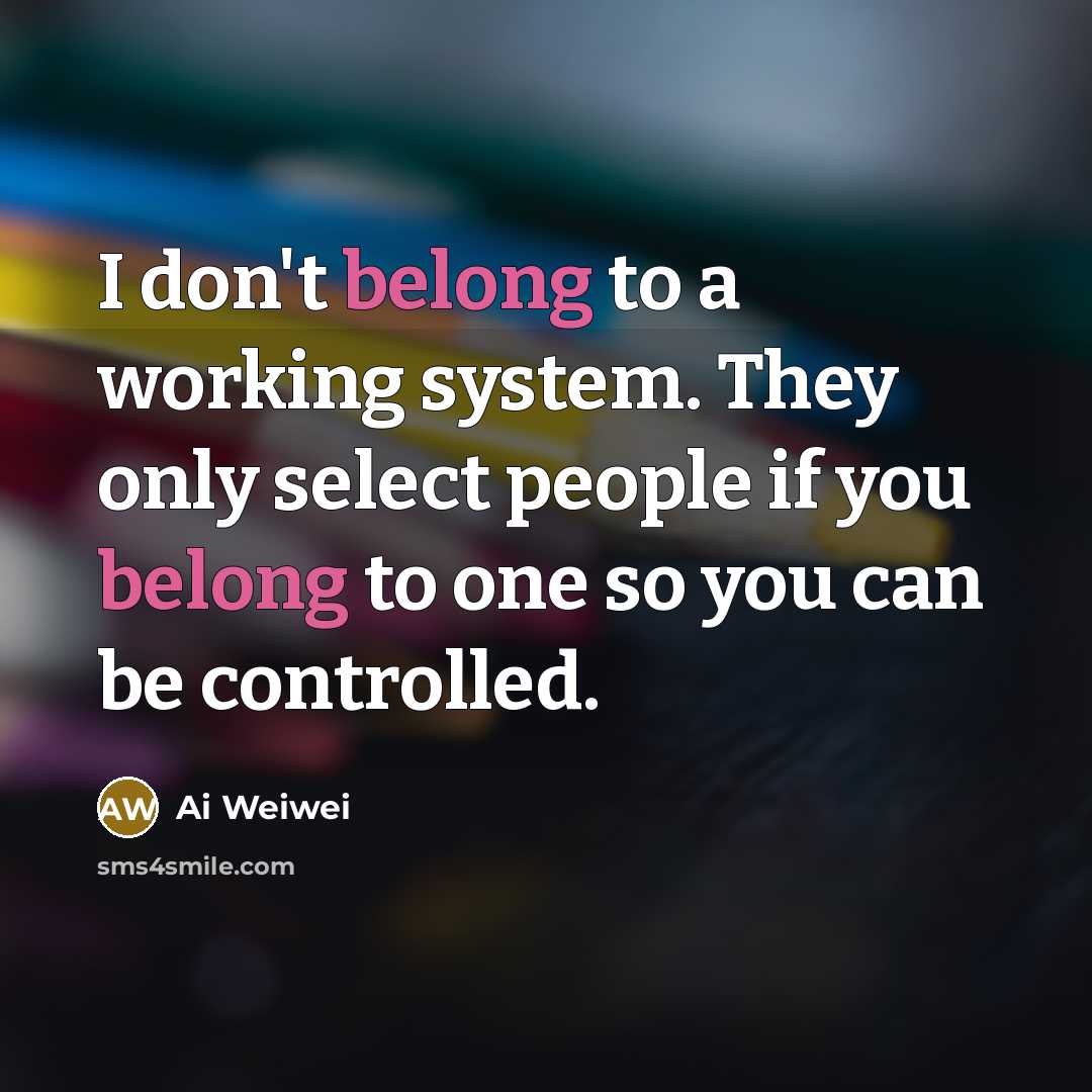 “I don't belong to a working system. They only select people if you belong to one so you can be controlled.” quote by Ai Weiwei