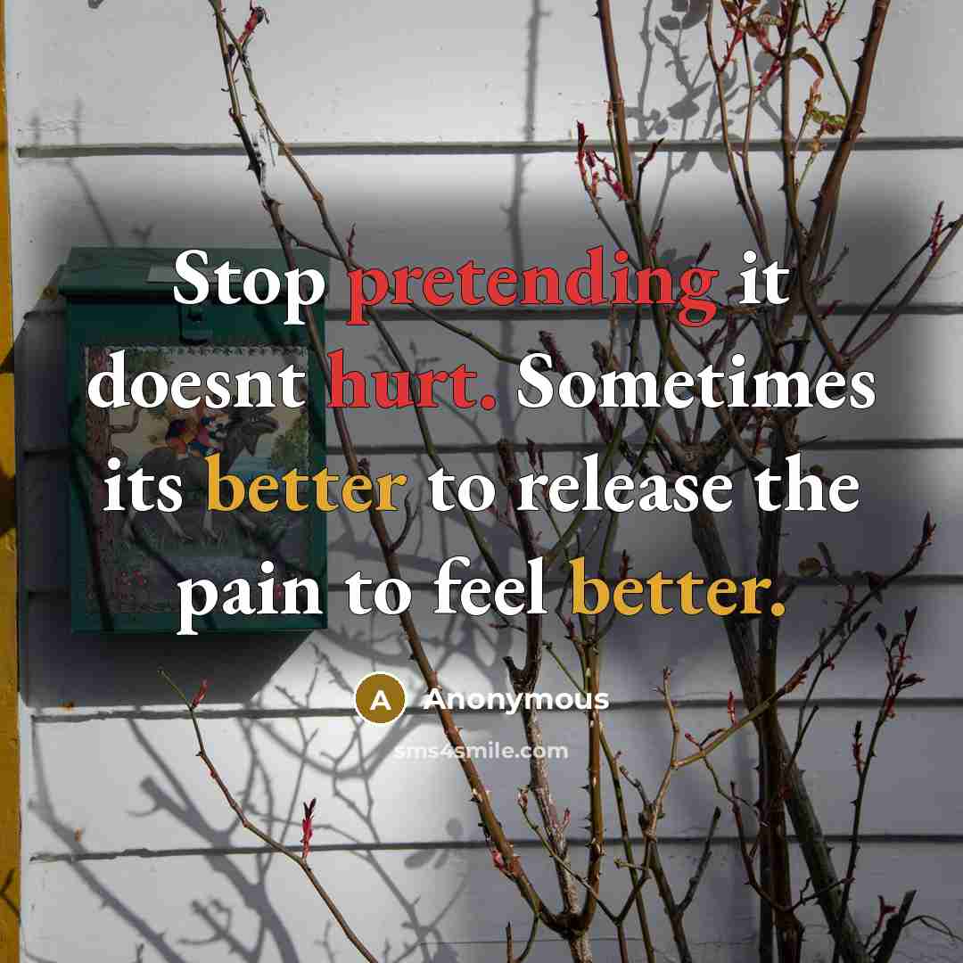 “Stop pretending it doesnt hurt. Sometimes its better to release the pain to feel better.” quote by Anonymous