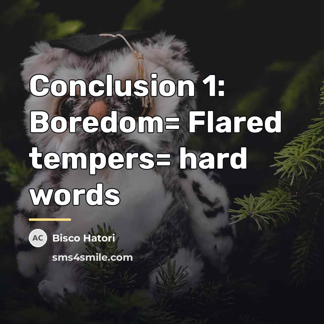 “Conclusion 1: Boredom= Flared tempers= hard words…” quote by Bisco Hatori