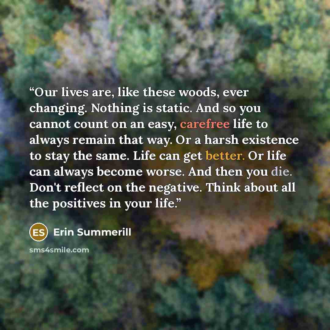 “Our lives are, like these woods, ever changing. Nothing is static. And so you cannot count on an easy, carefree life to always remain that way. Or a harsh existence to stay the same. Life can get better. Or life can always become worse. And then you die. Don't reflect on the negative. Think about…” quote by Erin Summerill
