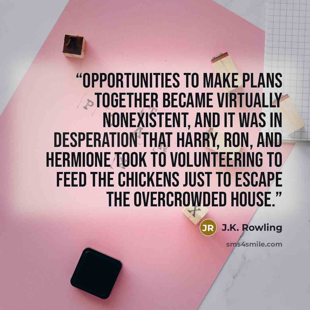 “Opportunities to make plans together became virtually nonexistent, and it was in desperation that Harry, Ron, and Hermione took to volunteering to feed the chickens just to escape the overcrowded house.” quote by J.K. Rowling